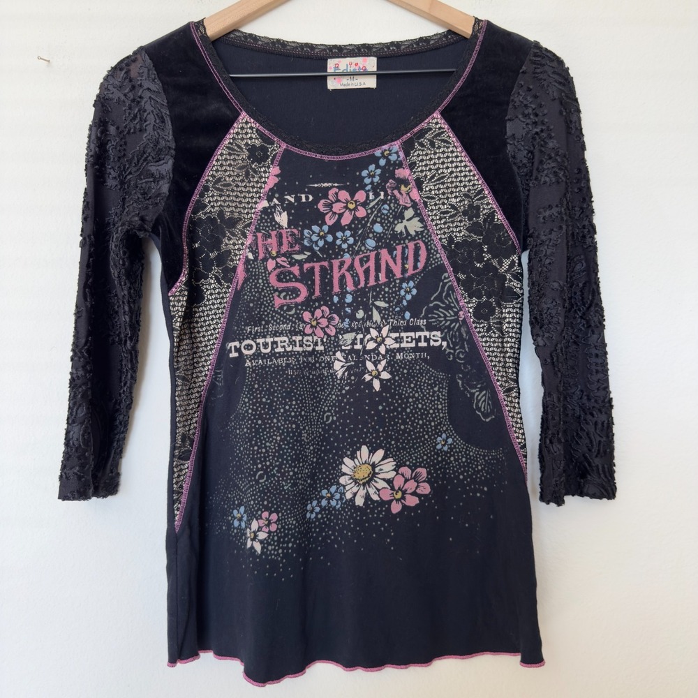 Edista y2k Women Whimsigoth Fairy Grunge Shirt Medium‎ Black Sheer Mesh Velvet